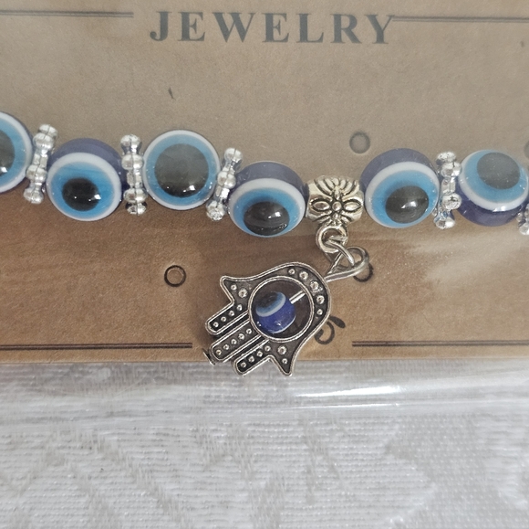 Blue Evil Eye And Hamsa Hand Bracelet with Silver Accents- New In Package - Picture 2 of 6